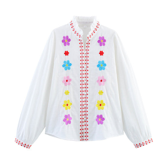 Damen Bluse mit bunten Stickereien und romantischem Rüschendesign R&B