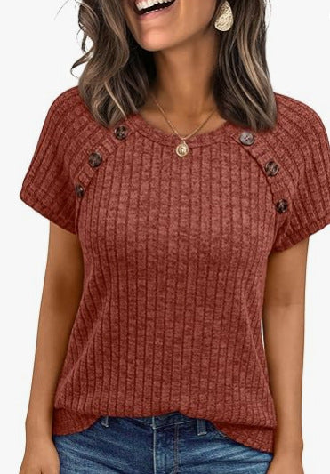 Damen lässiges Rippenstrick-T-Shirt mit Knöpfen R&B