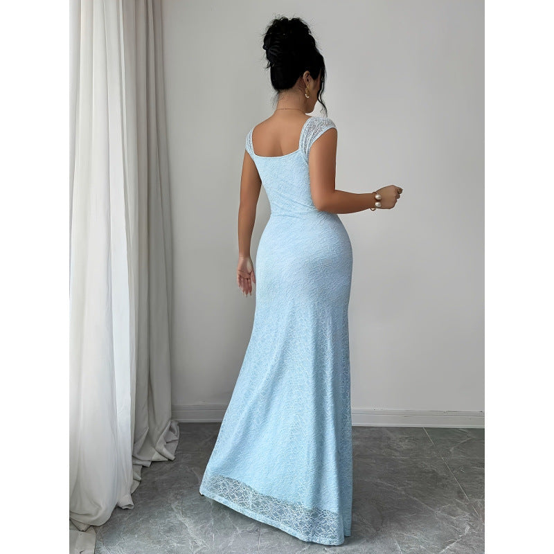 Damen Maxikleid mit Spitzenärmel und seitlichem Schlitz R&B