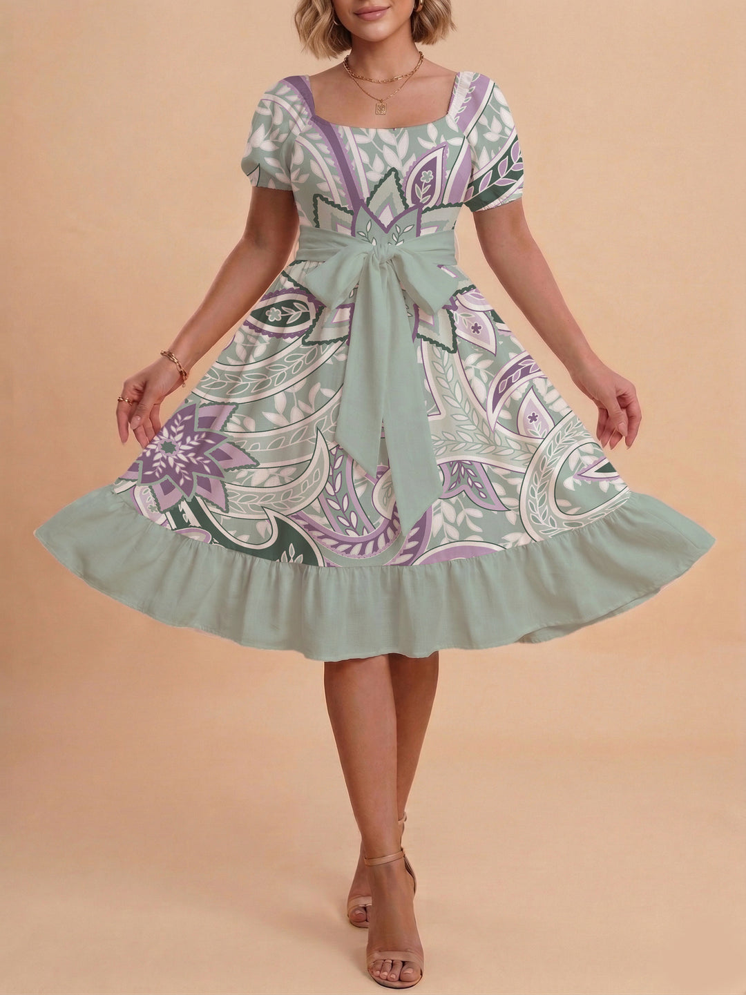 Damen modernes Blumenkleid mit elegantem Taillengürtel und asymmetrischem Saum R&B