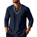 Herren Langarm-Henley-Shirt mit dekorativer Schnürung und lässigem Schnitt R&B