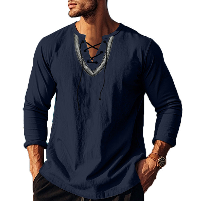 Herren Langarm-Henley-Shirt mit dekorativer Schnürung und lässigem Schnitt R&B