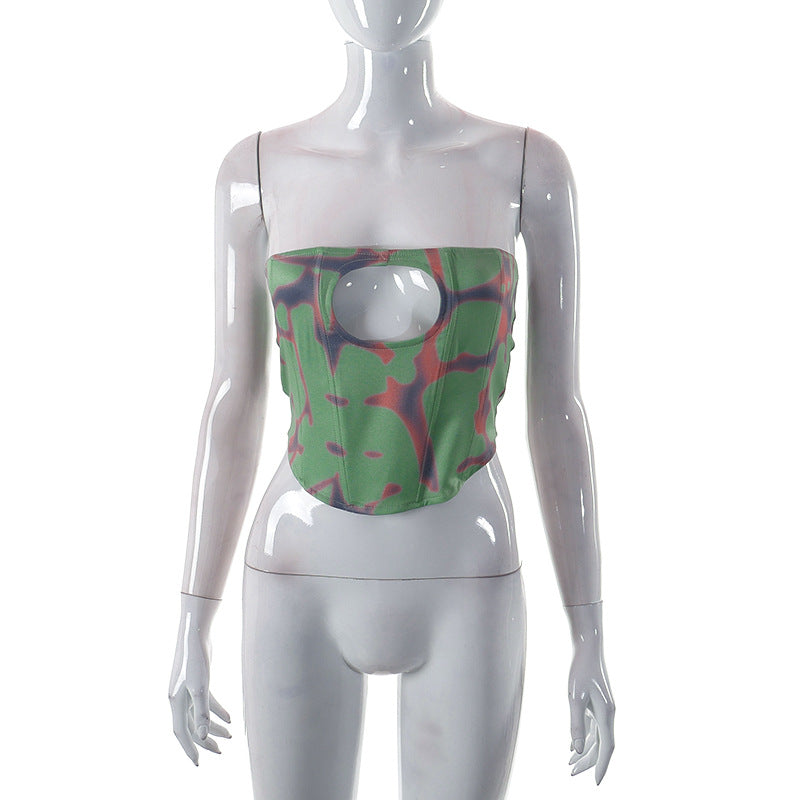 Damen Bandeau-Top mit kreativem Cut-Out und R&Brnem Karomuster R&B