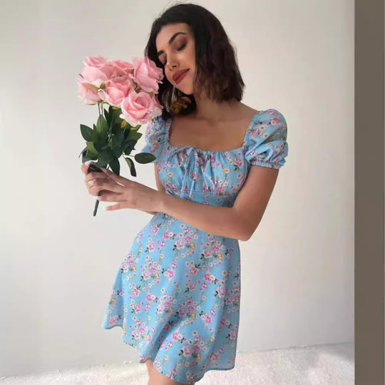 Damen Minikleid mit voluminösen Puffärmeln und floralem Muster R&B