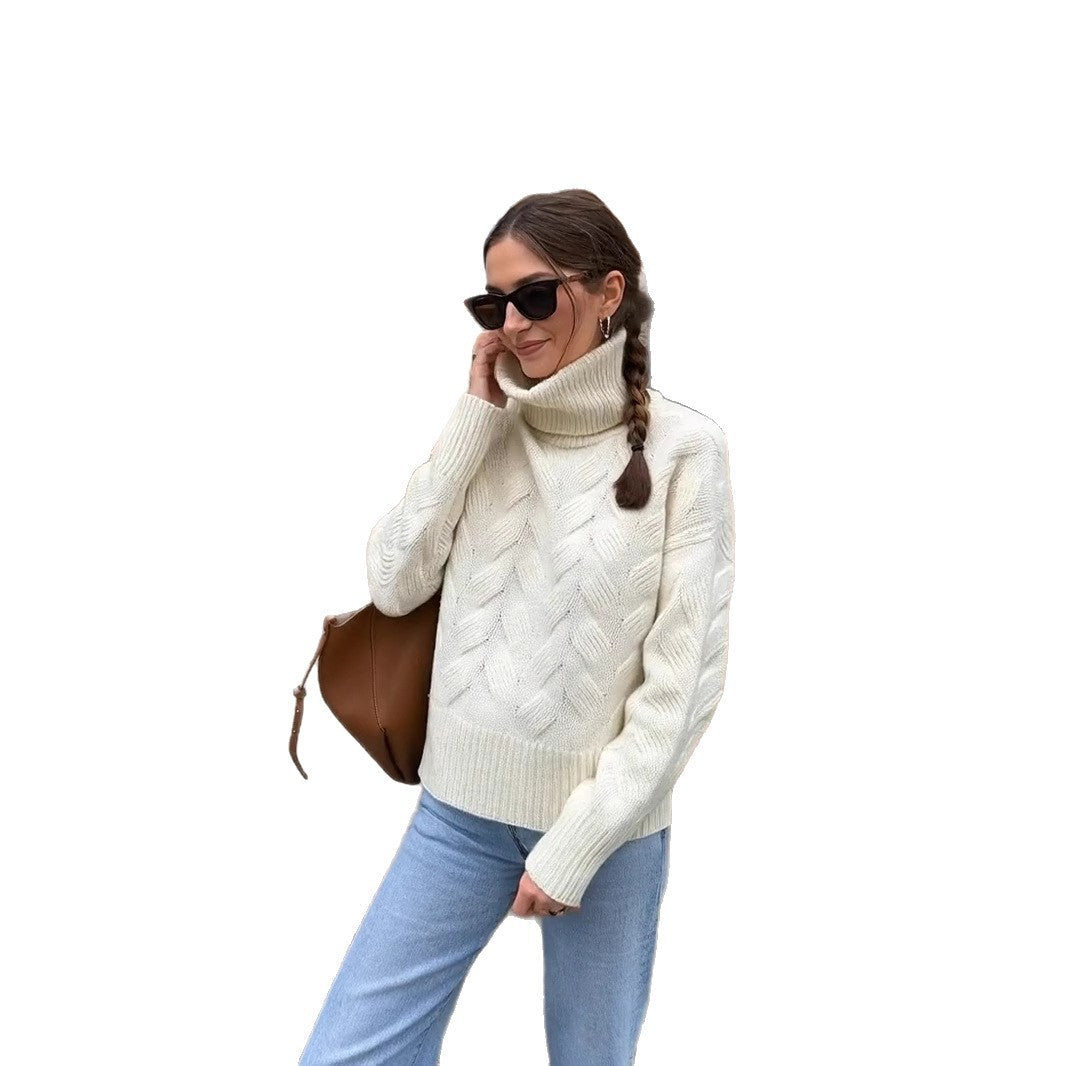 Damen gemütlicher Pullover mit hohem Kragen und Kabelstrick R&B