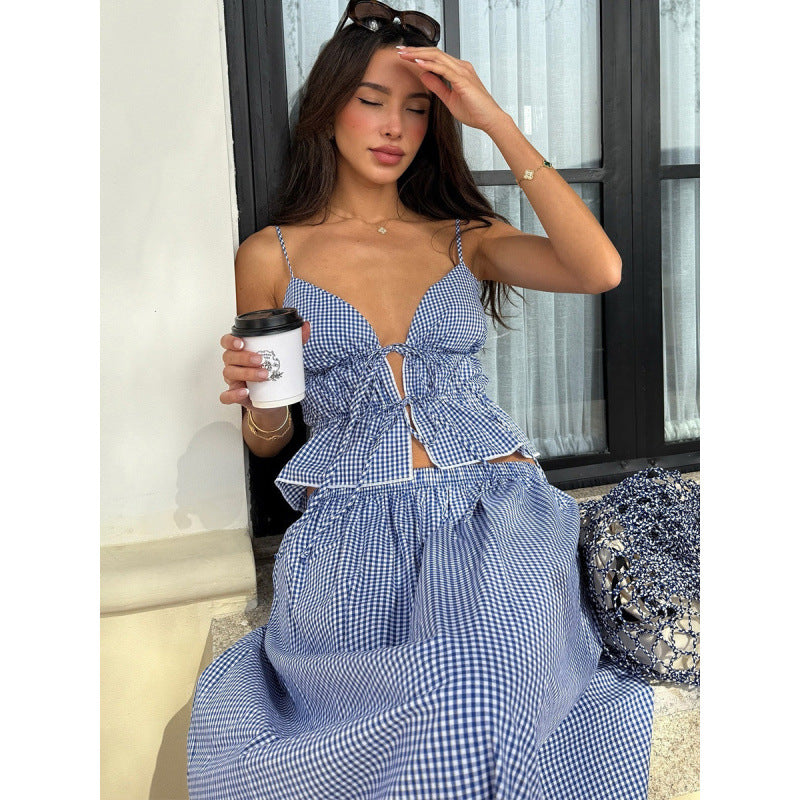 Damen Sommerliches Maxikleid mit V-Ausschnitt und Gingham-Muster R&B