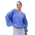 Damen V-Ausschnitt Strickpullover mit voluminösen Ärmeln und strukturierter Oberfläche R&B