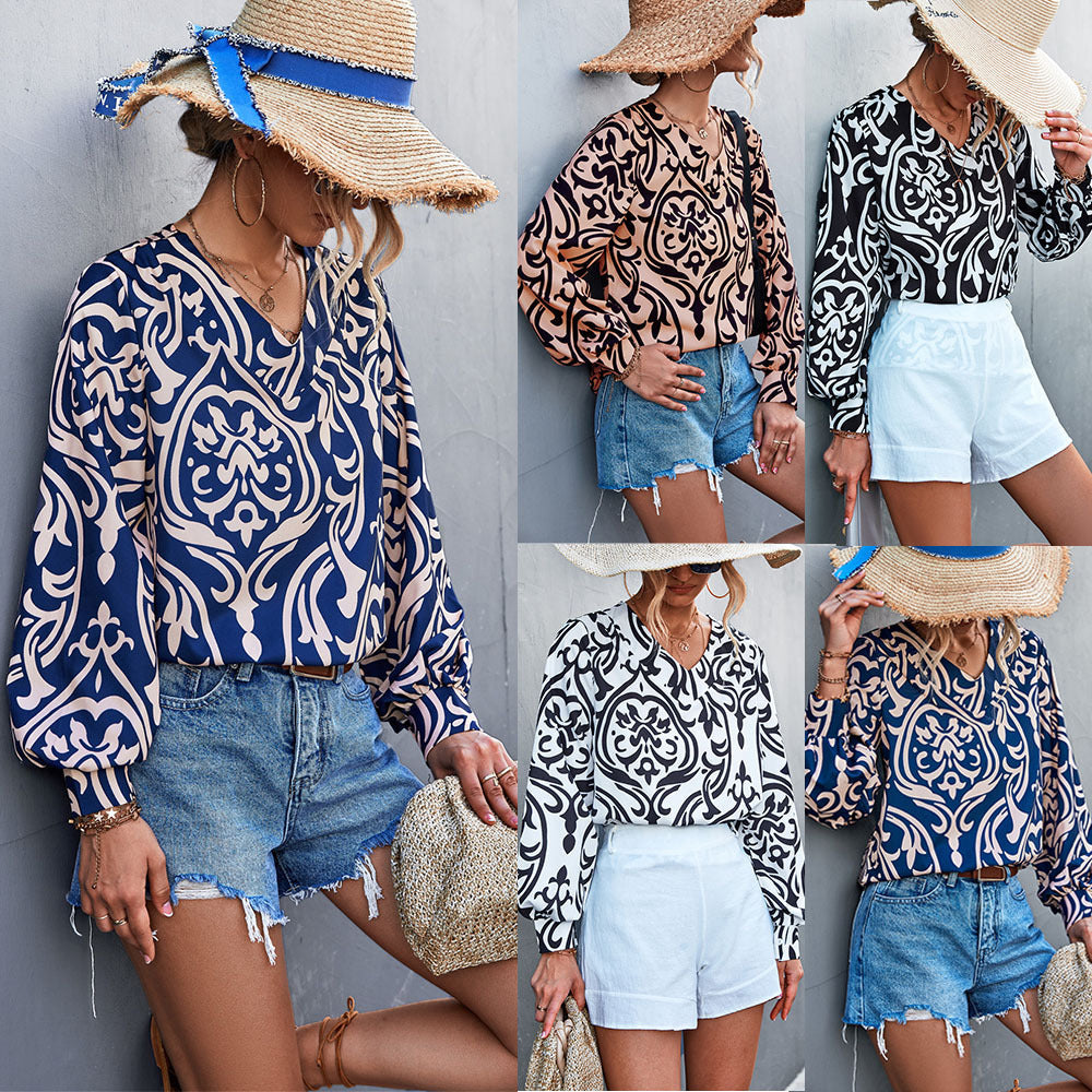 Damen Bluse mit elegantem Barockmuster und lässigen Puffärmeln R&B