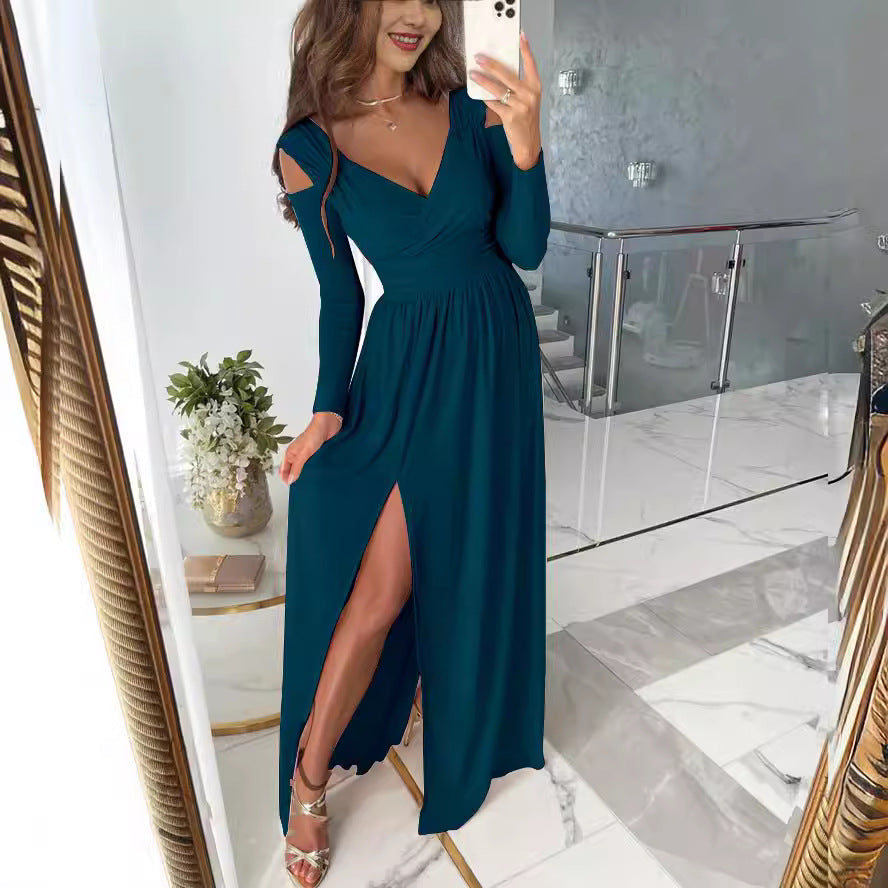 Damen elegantes und figurschmeichelndes Kleid mit langen Ärmeln und seitlichem Schlitz R&B