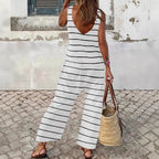 Damen lässiger Jumpsuit mit breitem Bein und maritimem Streifenmuster R&B