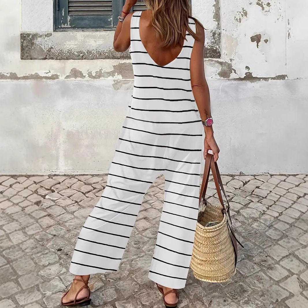 Damen lässiger Jumpsuit mit breitem Bein und maritimem Streifenmuster R&B