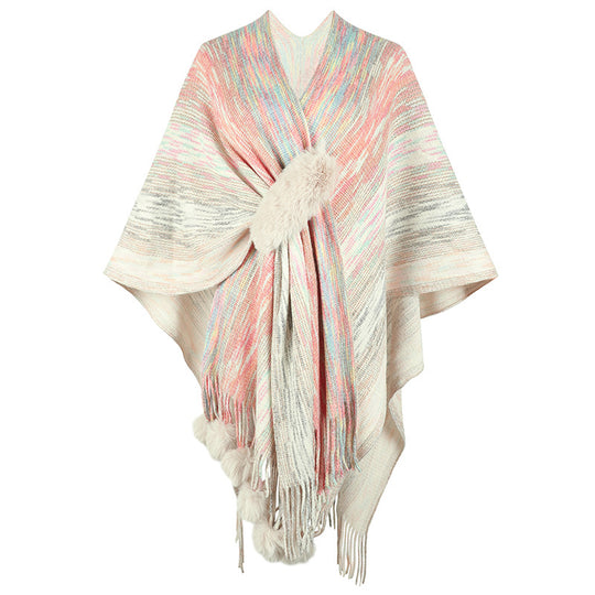 Damen modischer Poncho mit luxuriösem Kunstfellbesatz und kreativen Fransen R&B