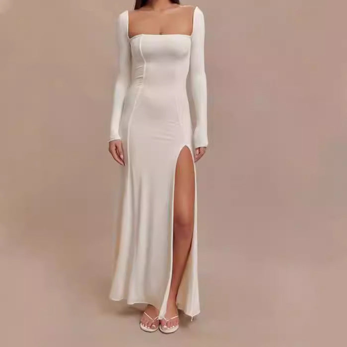 Damen Elegantes Maxikleid mit tiefem Schlitz und langen Ärmeltechnik R&B