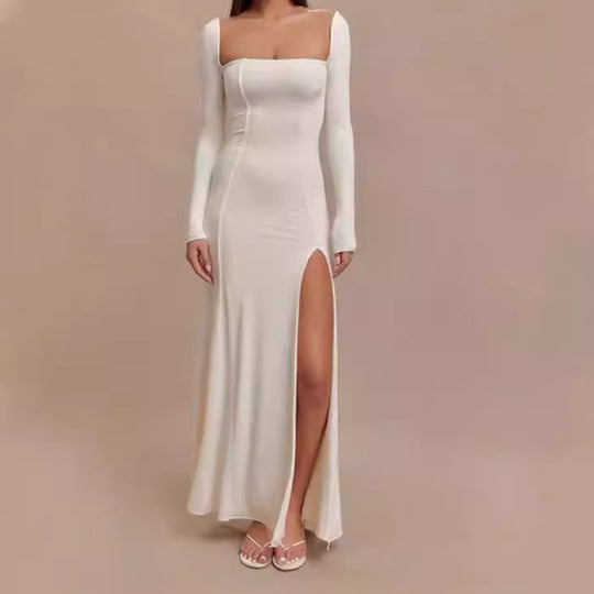 Damen Elegantes Maxikleid mit tiefem Schlitz und langen Ärmeltechnik R&B