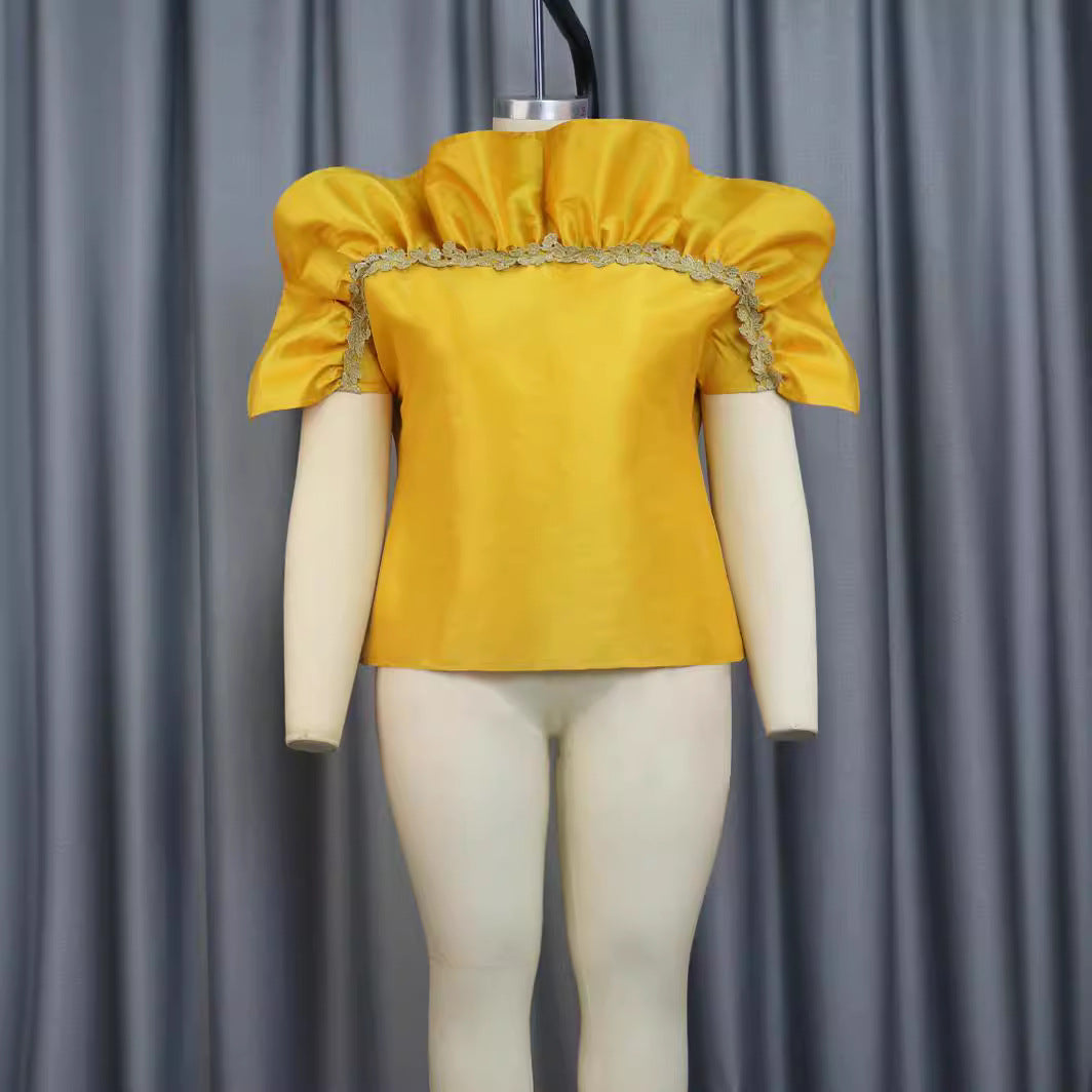 Damen Elegantes Oberteil mit voluminösen Puffärmeln und zarten Spitzenakzenten R&B