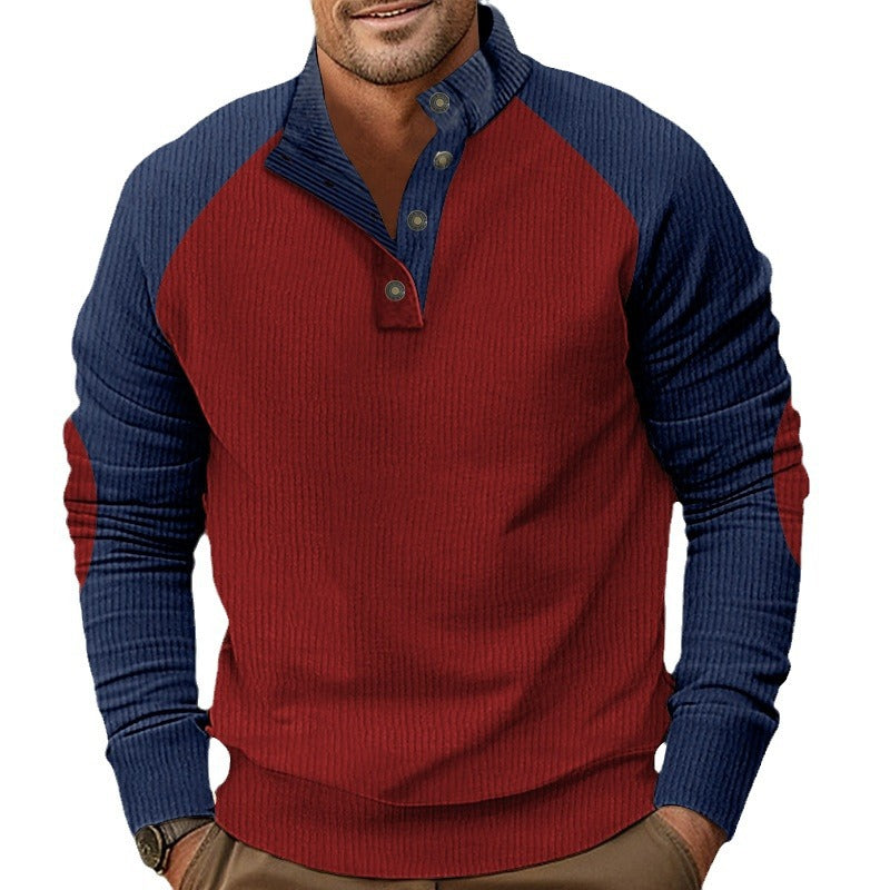 Herren nan rustikaler Raglan-Strickpullover mit Kurzknopfleiste und Veloursbesatz R&B