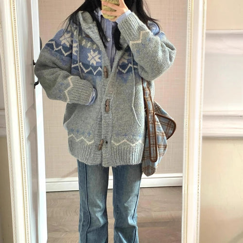 Damen kuschelige Strickjacke mit hohem Kragen und Ornamenten R&B