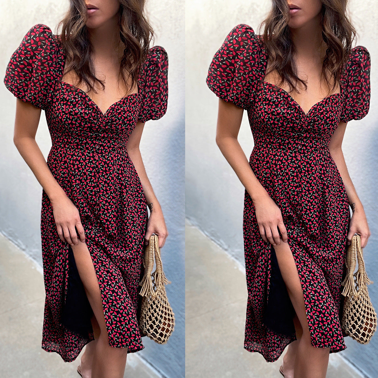 Damen Midi-Kleid mit ballonartigen Ärmeln und aufregendem Muster R&B
