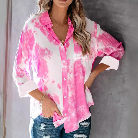 Damen Langarmhemd im kreativen Batikdesign mit Knopfleiste R&B