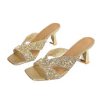 Damen Glamouröse High Heel Pantoletten mit glitzernden Riemen R&B