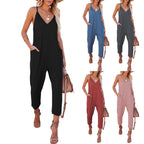 Damen lässiger Jumpsuit mit tiefem V-Ausschnitt und praktischen Seitentaschen R&B