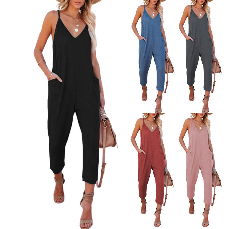 Damen lässiger Jumpsuit mit tiefem V-Ausschnitt und praktischen Seitentaschen R&B