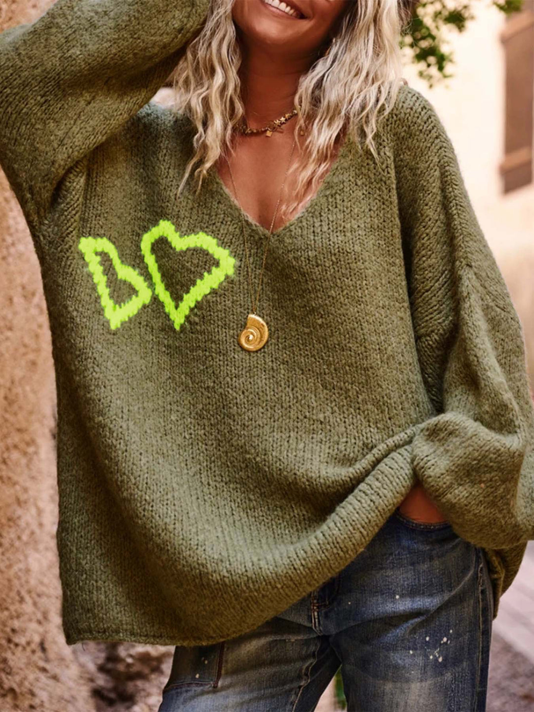 Damen lässiger Oversized-Pullover mit Herzapplikationen R&B
