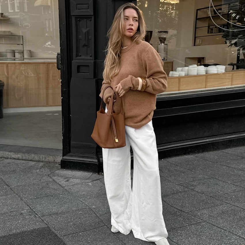 Damen Weit geschnittene Leinenhose mit elastischem Bund und hohem Taillenbund R&B