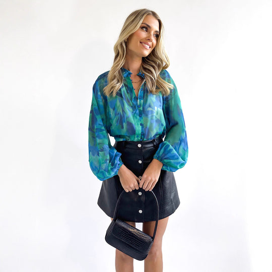 Damen Transparente Bluse mit Ballonärmeln und floralem Druck R&B