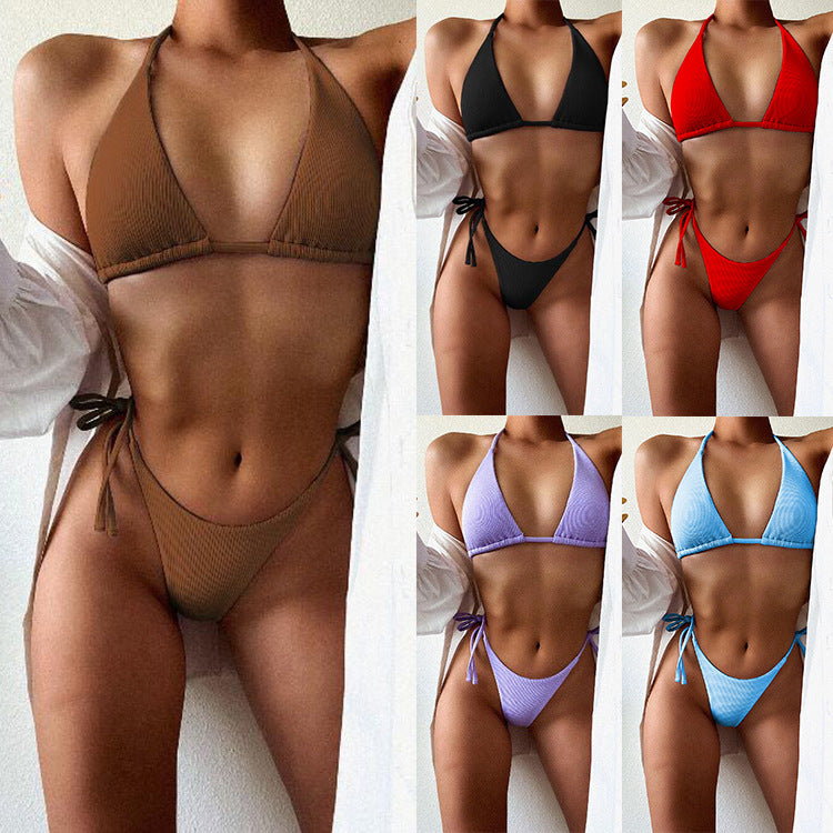 Damen Triangel-Bikini mit feiner Rippstruktur und verstellbaren Bindändern