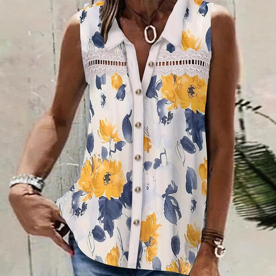 Damen nan Seidenimitat-Buttondown-Top mit Spitzenpasse und Perlenknopfleiste R&B