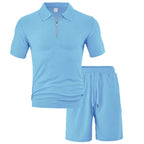 Herren nan komfortables Kurzarm-Halbzip-Set mit Polokragen und elastischer Kordelhose aus Strukturstrick R&B