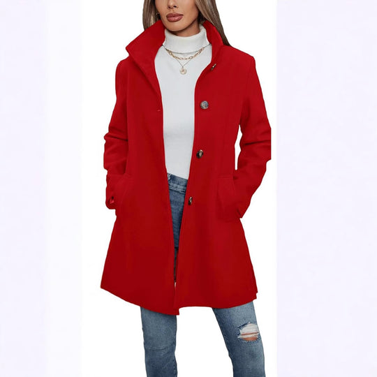 Damen Eleganter Wollmantel mit Hochgeschlossenem Kragen und Praktischen Taschen R&B