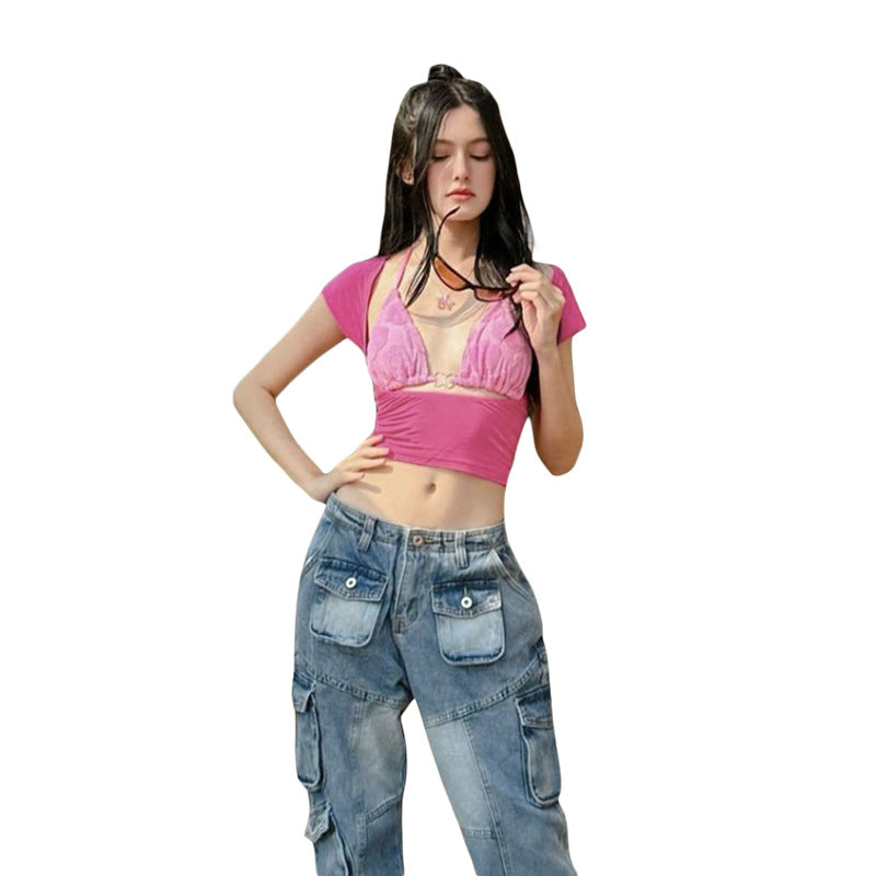 Damen Crop Top mit verspieltem Aquarell-Design und regulierbarem Ausschnitt R&B