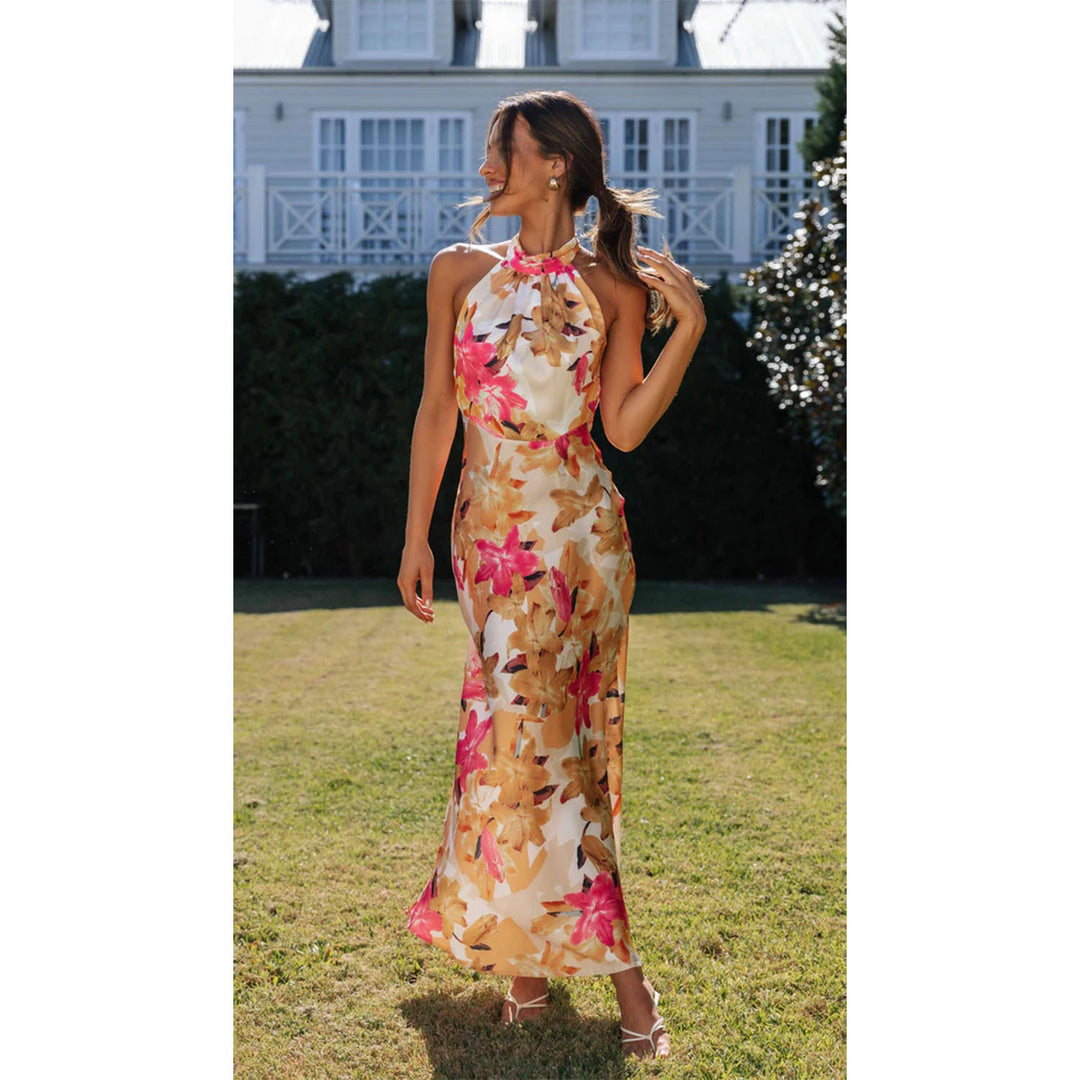 Damen Maxikleid mit hochgeschlossenem Halterneck-Design und floralem Muster R&B