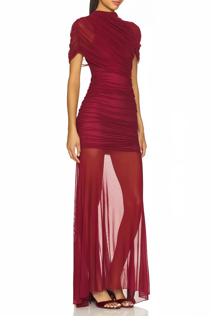 Damen Elegantes Cocktailkleid mit gerafftem Design und transparenter Schicht R&B