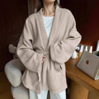 Damen modische offene Strickjacke mit Taillengürtel und weitem Schnitt R&B
