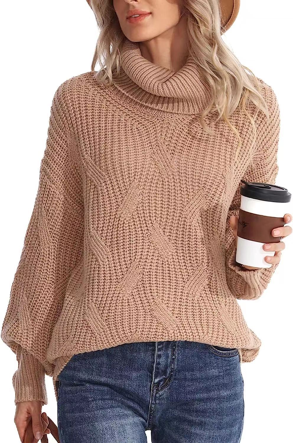 Damen Weicher Strickpullover mit hohem Kragen und Kabelmuster R&B