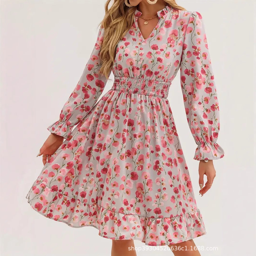 Damen Blütenmuster Mini-Kleid mit voluminösen Ärmel und elastischem Taillenbund R&B