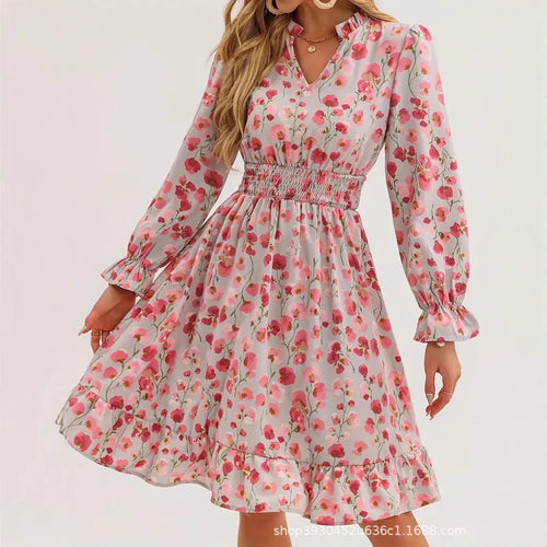 Damen Blütenmuster Mini-Kleid mit voluminösen Ärmel und elastischem Taillenbund R&B