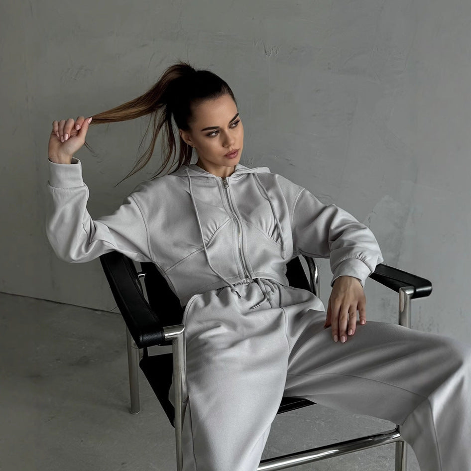 Damen nan zweiteiliges Cropped Hoodie-Set mit weitem Bundhose-Schnitt und tailliertem Reißverschluss R&B