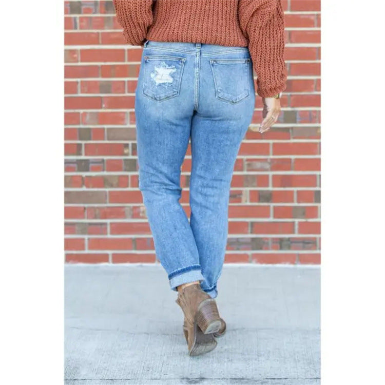 Damen Vintage Destroyed Jeans im entspannten Schnitt mit hohem Bund R&B