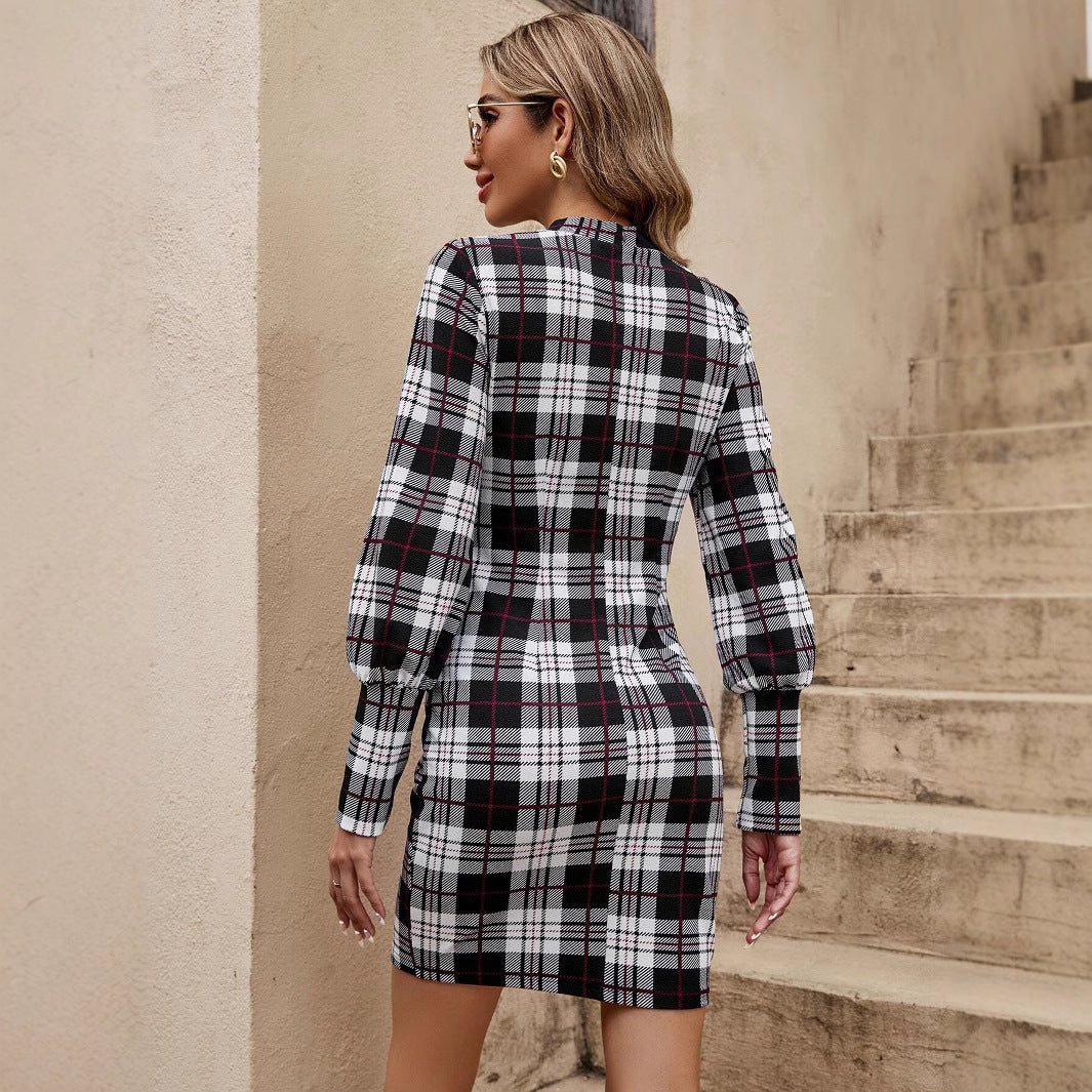 Damen figurbetontes Tartan-Kleid mit langen Ärmeln und Taillengürtel R&B