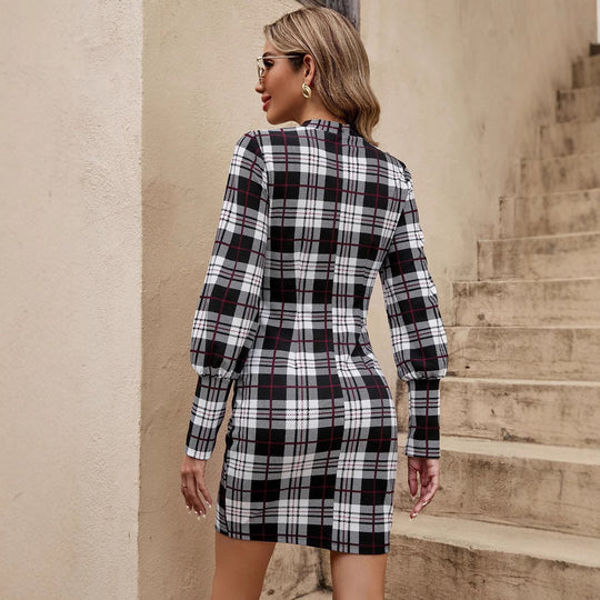 Damen figurbetontes Tartan-Kleid mit langen Ärmeln und Taillengürtel R&B