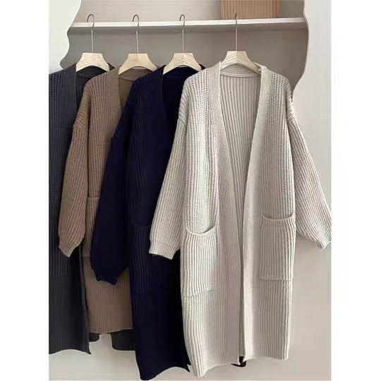 Damen Langer Strick-Cardigan mit tiefen Taschen und luftiger Passform R&B