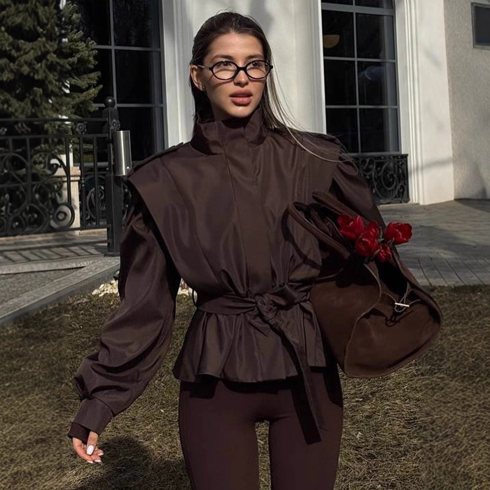Damen Bluse mit hohen Kragen und elastischem Taillengürtel R&B