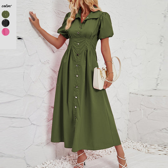 Damen Maxikleid mit schickem Hemdkragen und volumetrischen Puffärmel R&B