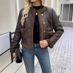 Damen Kurz geschnittene Texturjacke mit verdeckten Knöpfen und Taschen R&B