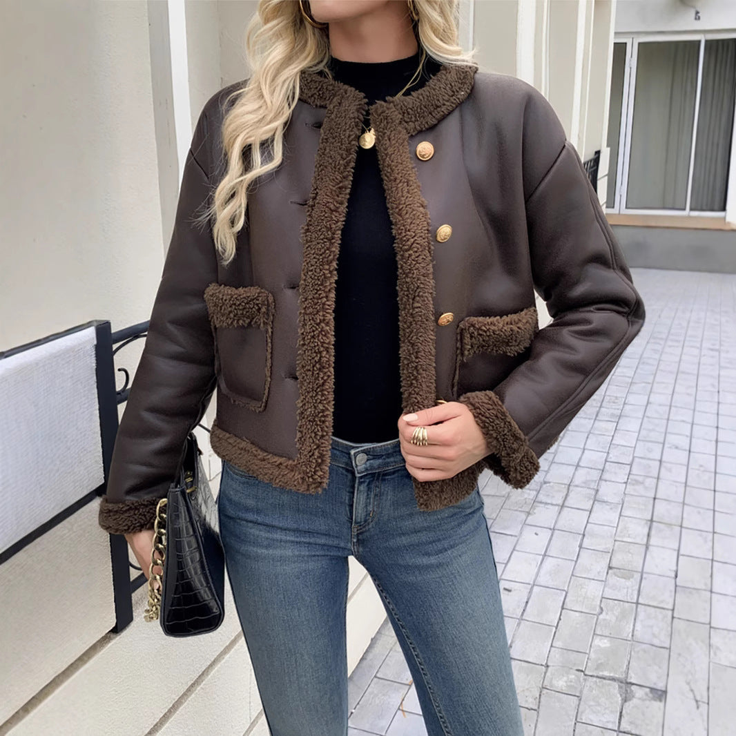 Damen Kurz geschnittene Texturjacke mit verdeckten Knöpfen und Taschen R&B