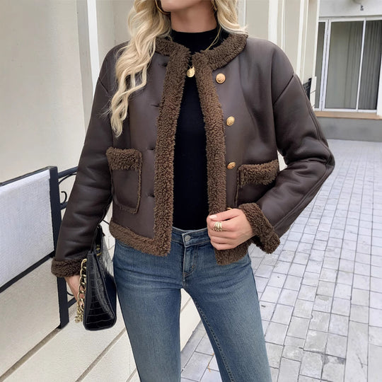Damen Kurz geschnittene Texturjacke mit verdeckten Knöpfen und Taschen R&B